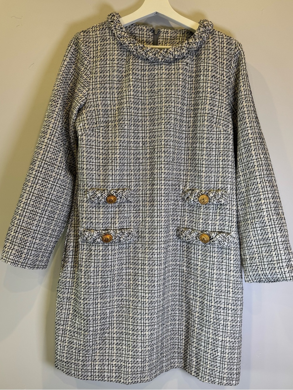 Chanel Vibes Classic Cream Black Grey Tweed Textured Dress with Braid Rope Trim